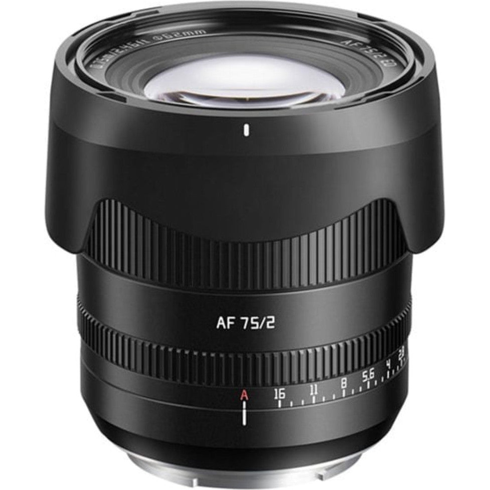Black TTArtisan 75mm f/2 AF lens shown from front three-quarter view, displaying the front element, focus ring, and aperture markings.