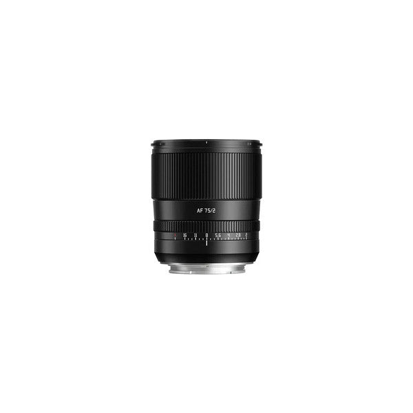 Front view of a black TTArtisan 75mm f/2 AF lens showing barrel, focus ring, and aperture scale against white background.