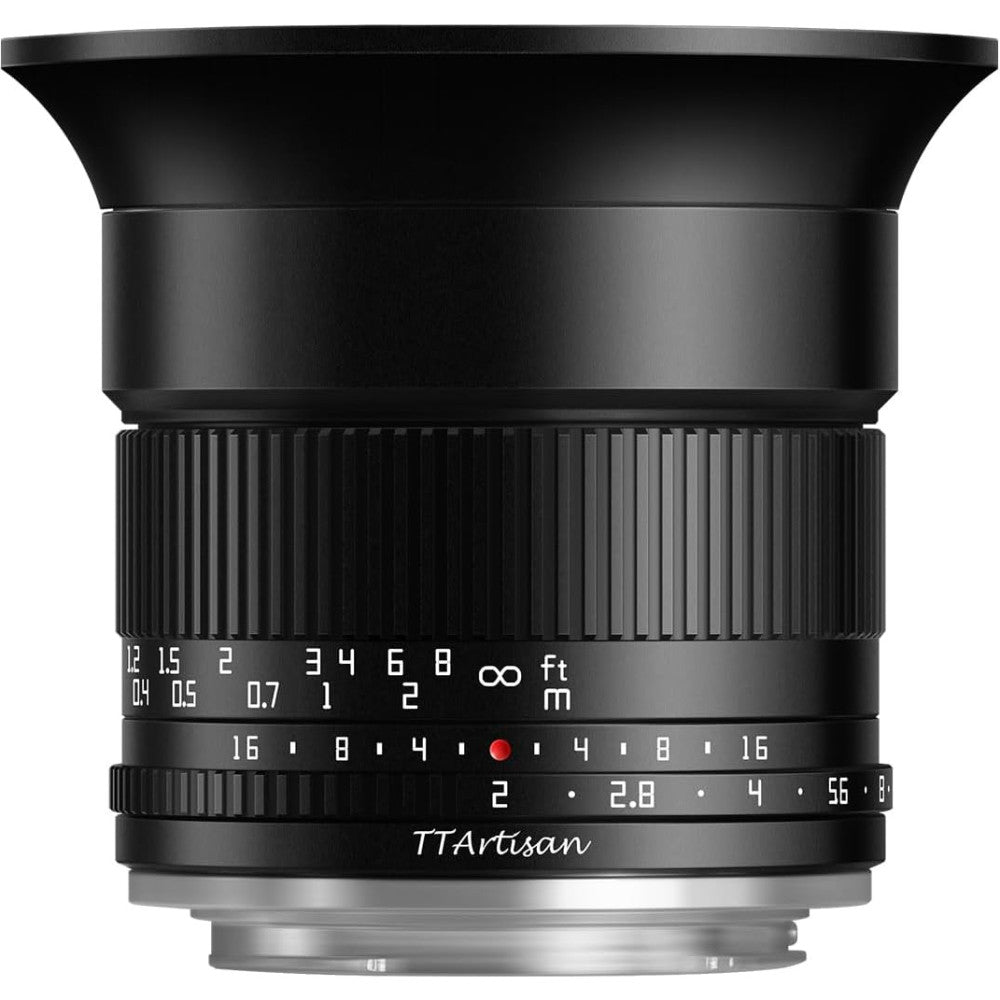 Front view of a black wide-angle lens with focus ring, aperture markings, and TTArtisan branding visible against white background.