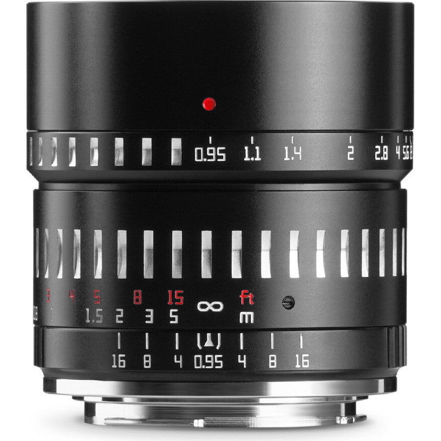 Black manual focus lens with aperture ring and distance scale, shown front-facing against white background with red indicator dot visible.