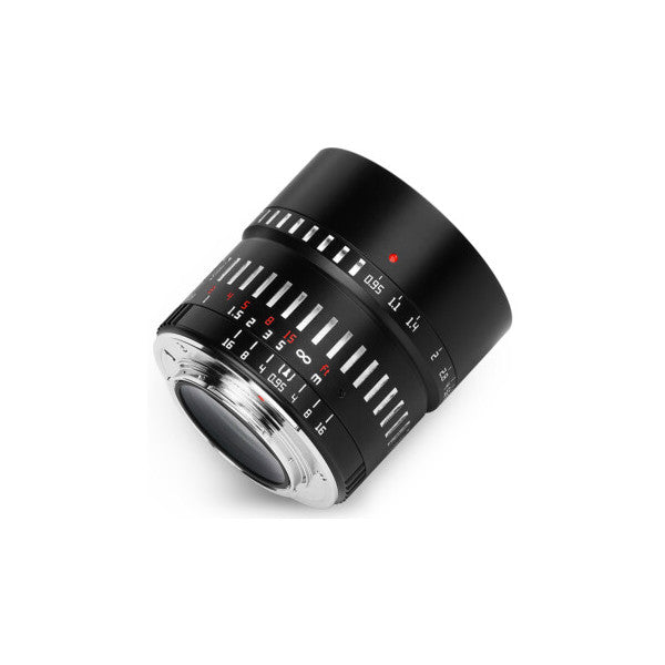 Black TTArtisan 50mm f/0.95 lens shown at angled three-quarter view displaying front glass element, focus ring, and aperture scale markings.