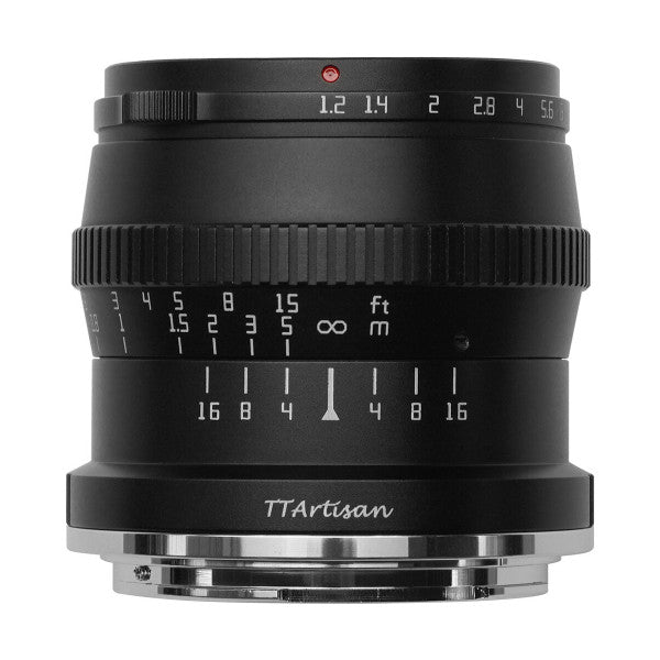 Front view of a black TTArtisan 50mm f/1.2 lens showing focus ring, aperture scale, and metal mount against white background.