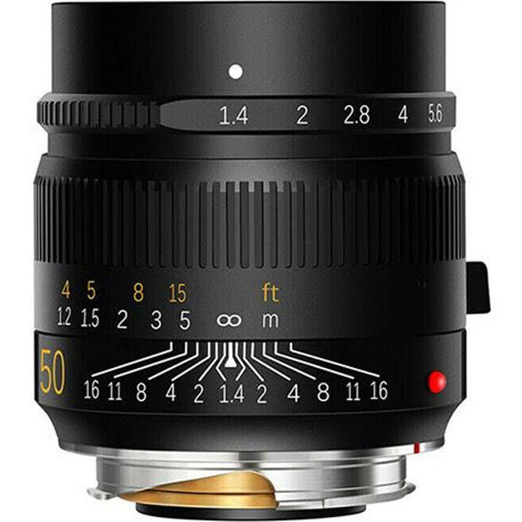 Front view of a black TTArtisan 50mm f/1.4 lens showing aperture ring, focus scale, and brass-colored metal mount against white background.