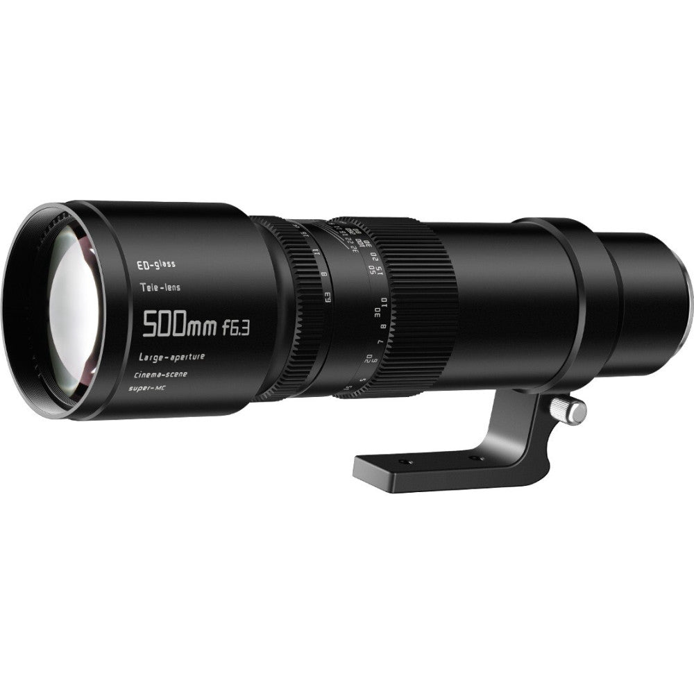 Black telephoto lens with 500mm f/6.3 markings visible on barrel, shown in side profile against white background with tripod collar attachment.