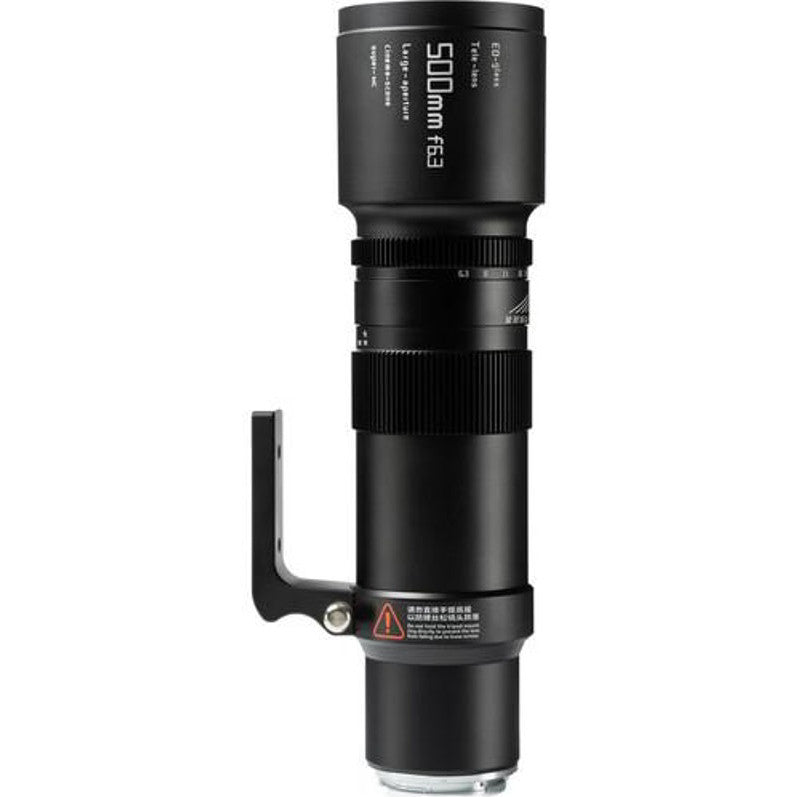Black telephoto lens shown in full side view against white background, displaying barrel, focus ring, and mounting bracket.