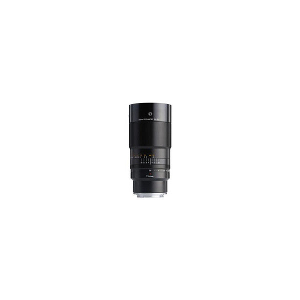 Black macro lens shown from front angle against white background, displaying barrel, focus ring, and mount end