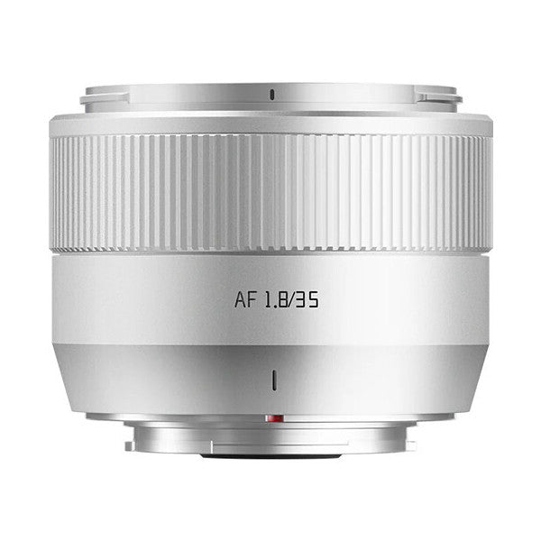 Front view of a silver TTArtisan 35mm f/1.8 AF lens showing the ribbed focus ring, AF marking, and Fujifilm X mount.