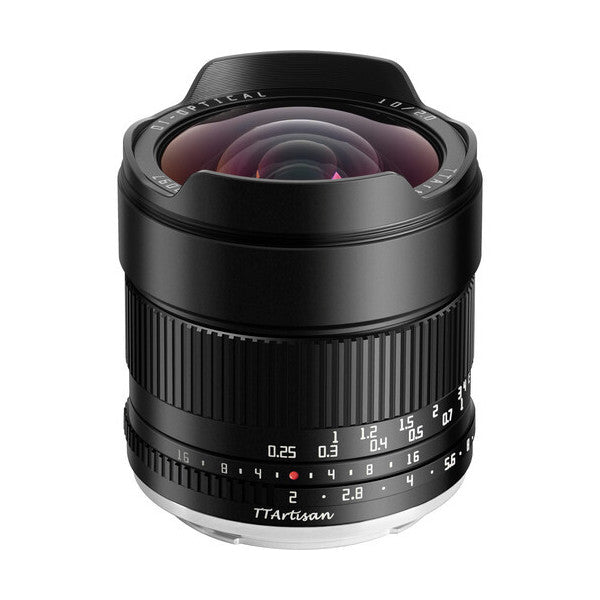 Black TTArtisan 10mm f/2 ultra-wide lens for Canon RF mount shown from front angle, displaying the glass elements and focus ring with distance markings.