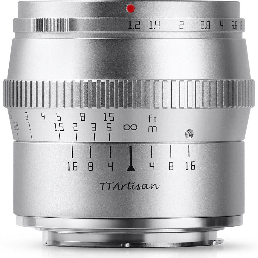 Silver TTArtisan 50mm f/1.2 lens shown from front view displaying aperture ring, focus scale, and depth of field markings.