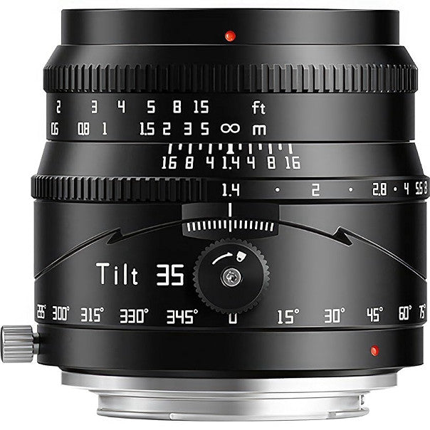 Front view of a black TTArtisan 35mm f/1.4 tilt lens showing focus ring, aperture dial, and tilt adjustment mechanism against white background.