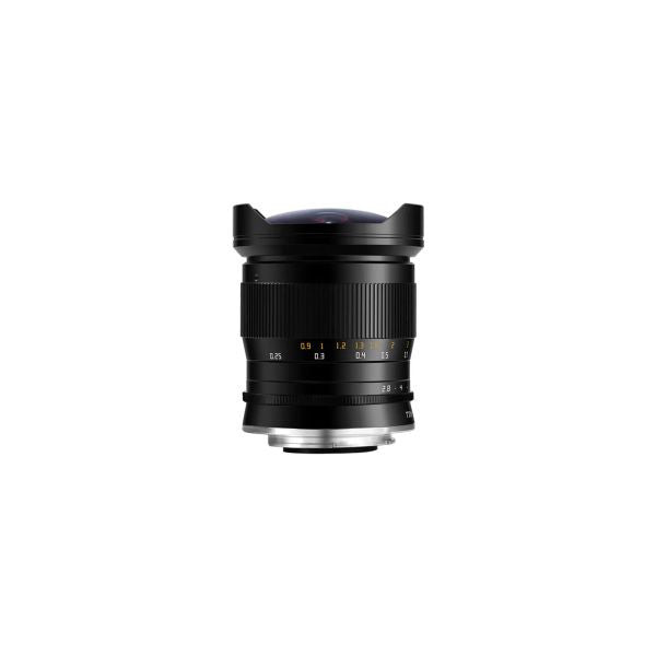Front view of a black wide-angle lens with ribbed barrel, showing aperture markings and L-mount connection.