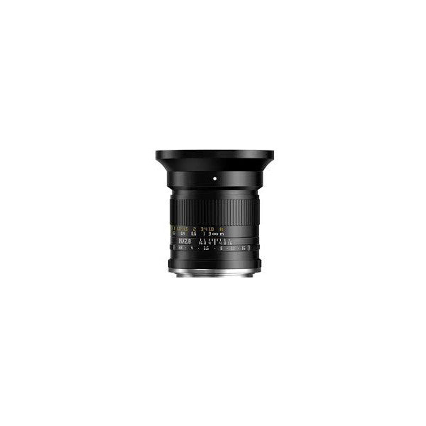 Black TTArtisan 14mm f/2.8 lens shown from front angle, displaying glass elements, focus ring, and distance scale markings.