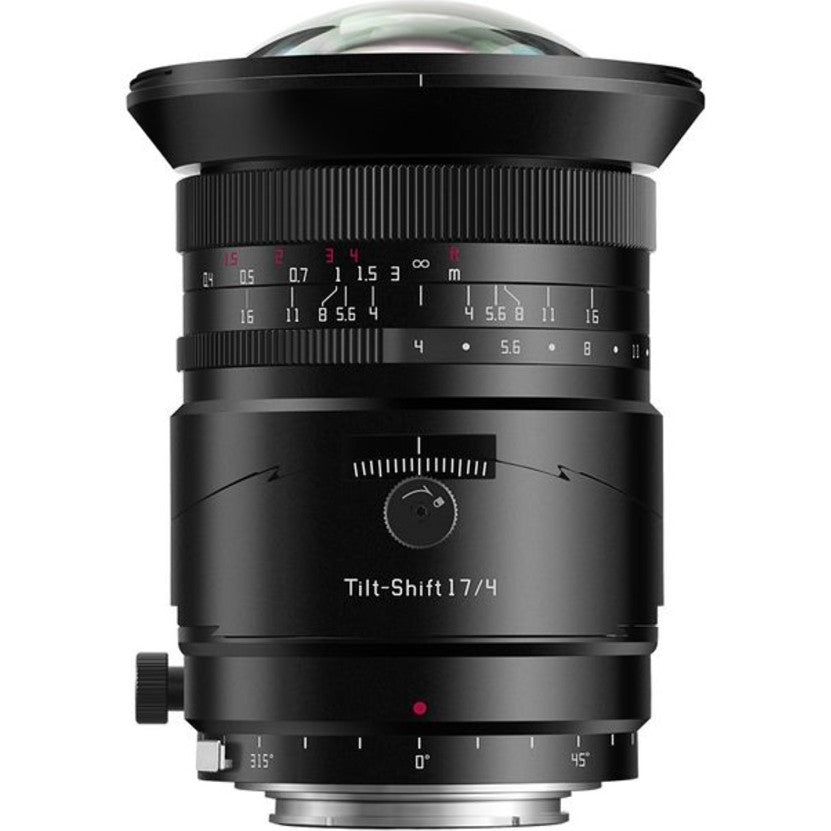Front view of a black TTArtisan 17mm f/4 tilt-shift lens showing the glass element, focus ring, aperture scale, and tilt mechanism with control dial.