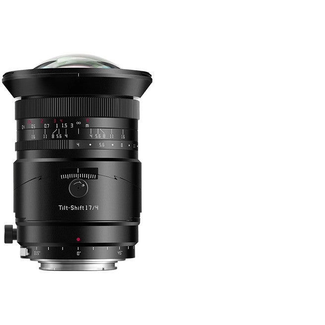 Front view of black TTArtisan 17mm f/4 Tilt-Shift lens with focus ring, aperture markings, and tilt-shift adjustment mechanism visible.