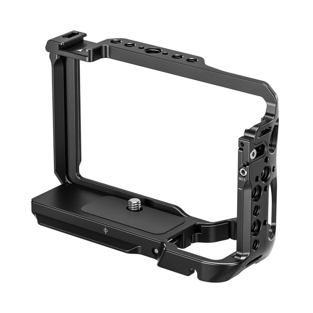 Black aluminum camera cage with multiple mounting holes and threaded ports, shown in isometric view against white background.