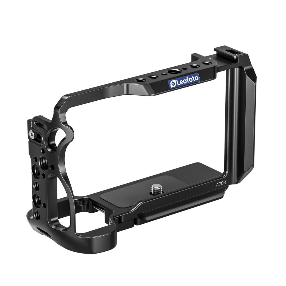 Black aluminum camera cage with Leofoto branding, shown in three-quarter view against white background, featuring mounting points and grip handles.