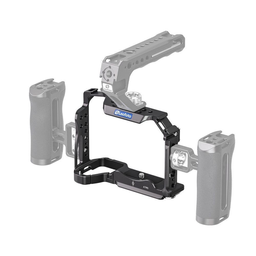 Leofoto camera cage assembly shown from front-angled view with top handle, side grips, and mounting plates for Sony mirrorless cameras.