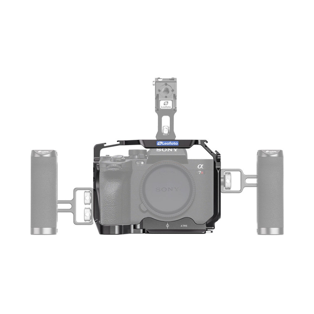 Top-down view of Leofoto camera cage mounted on Sony A7R III with side handles and top-mounted accessory bracket.