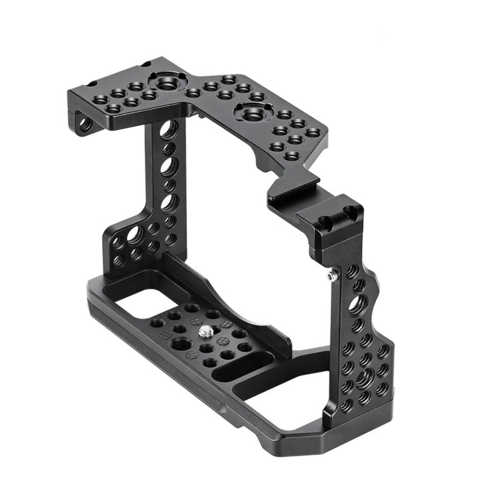 Black aluminum camera cage with multiple mounting holes and threaded ports, shown in isometric view against white background.