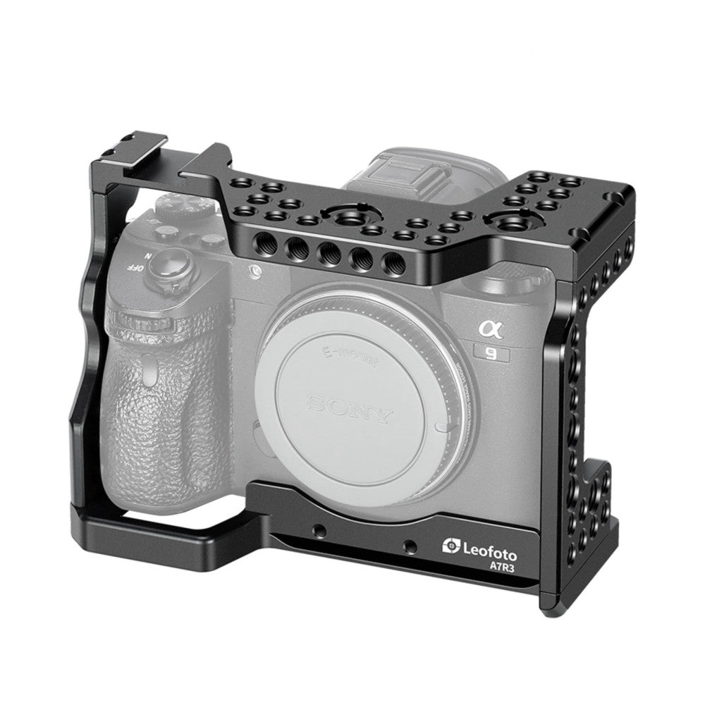 Black aluminum camera cage mounted on Sony A7R III shown from three-quarter front view with mounting points and accessory rails visible.