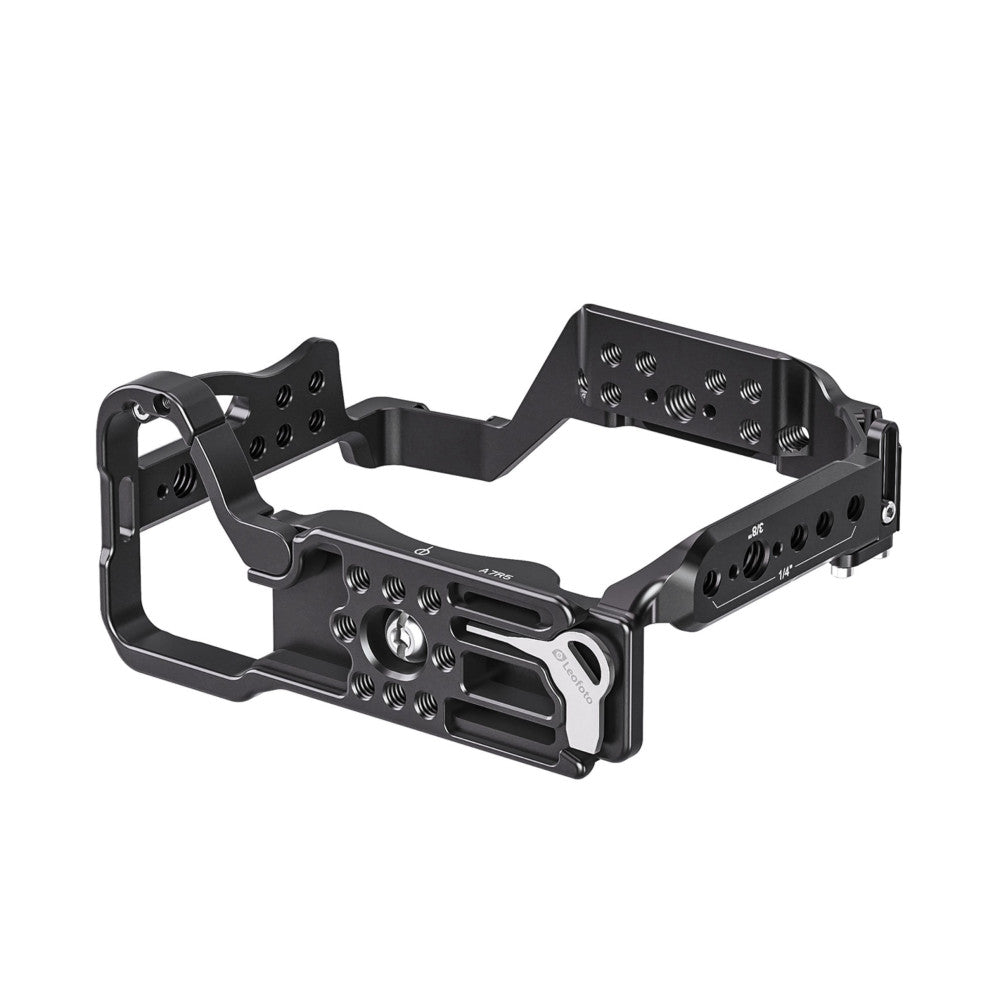 Black aluminum camera cage with multiple mounting points shown at an isometric angle against white background.