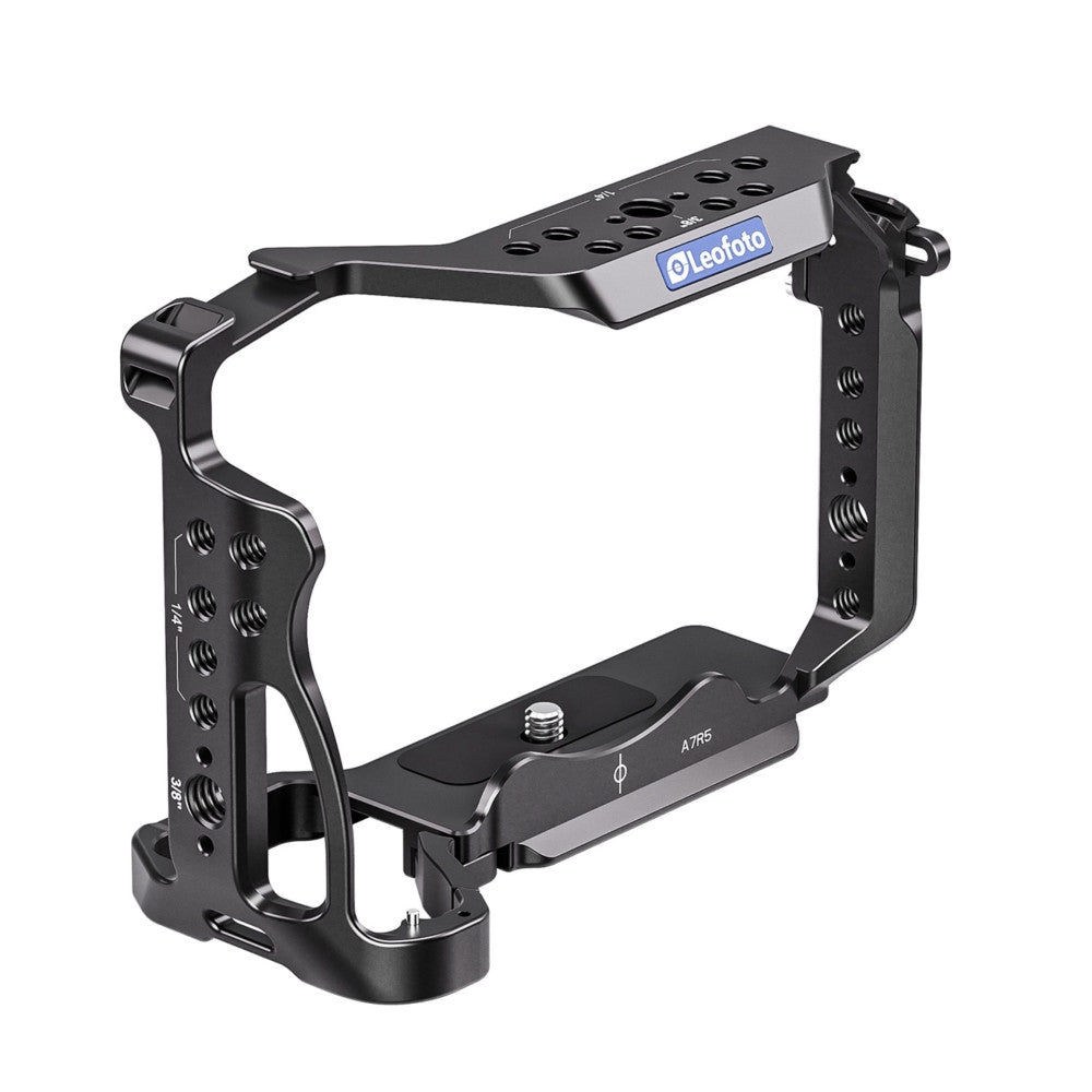 Black aluminum camera cage with top handle and bottom plate, shown at an angle against white background. Leofoto branding visible on top.