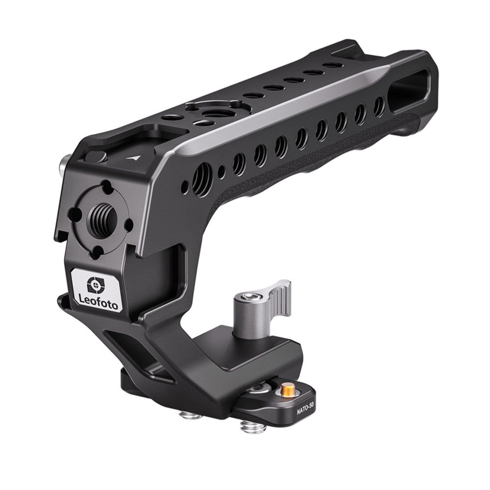 Black Leofoto camera top handle with rail mount shown from side angle, featuring grip handle, mounting rail with holes, and NATO-50 base attachment.