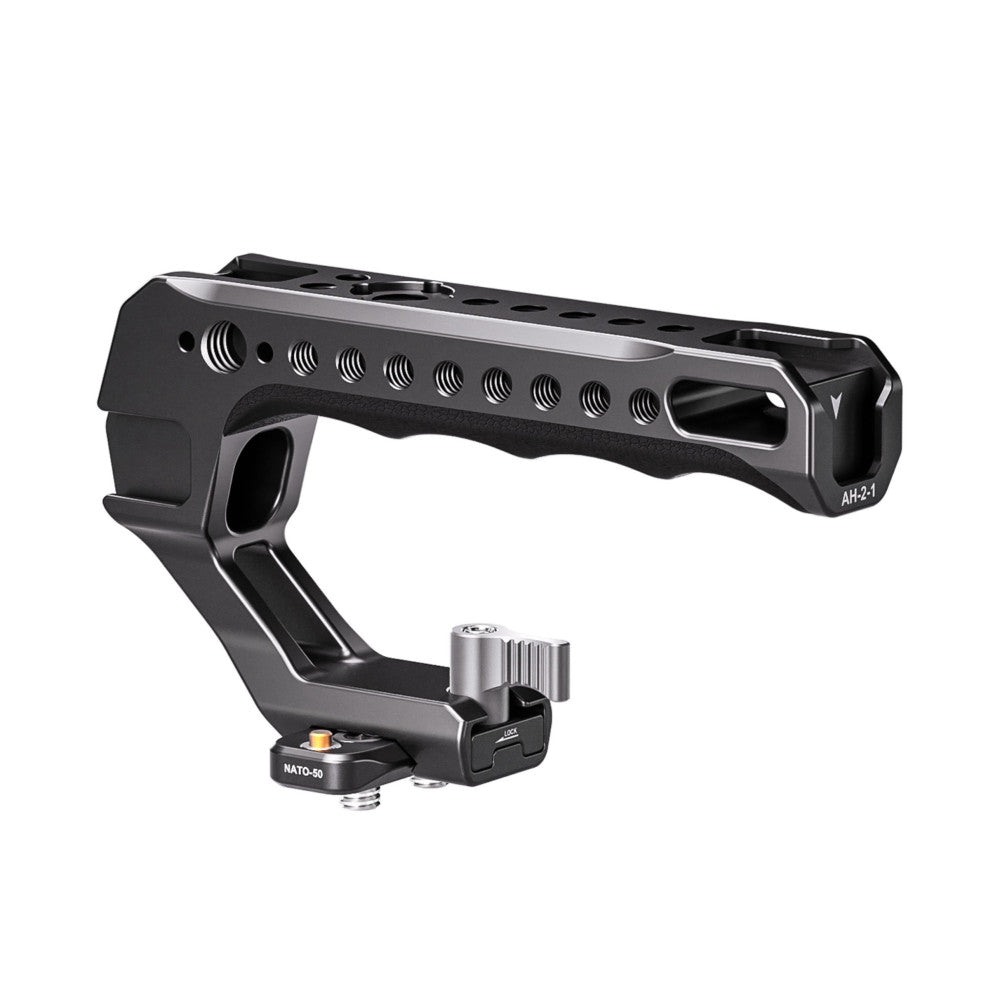 Black aluminum top handle with rail mount system shown at an angle, displaying the grip design and NATO-50 base connector.