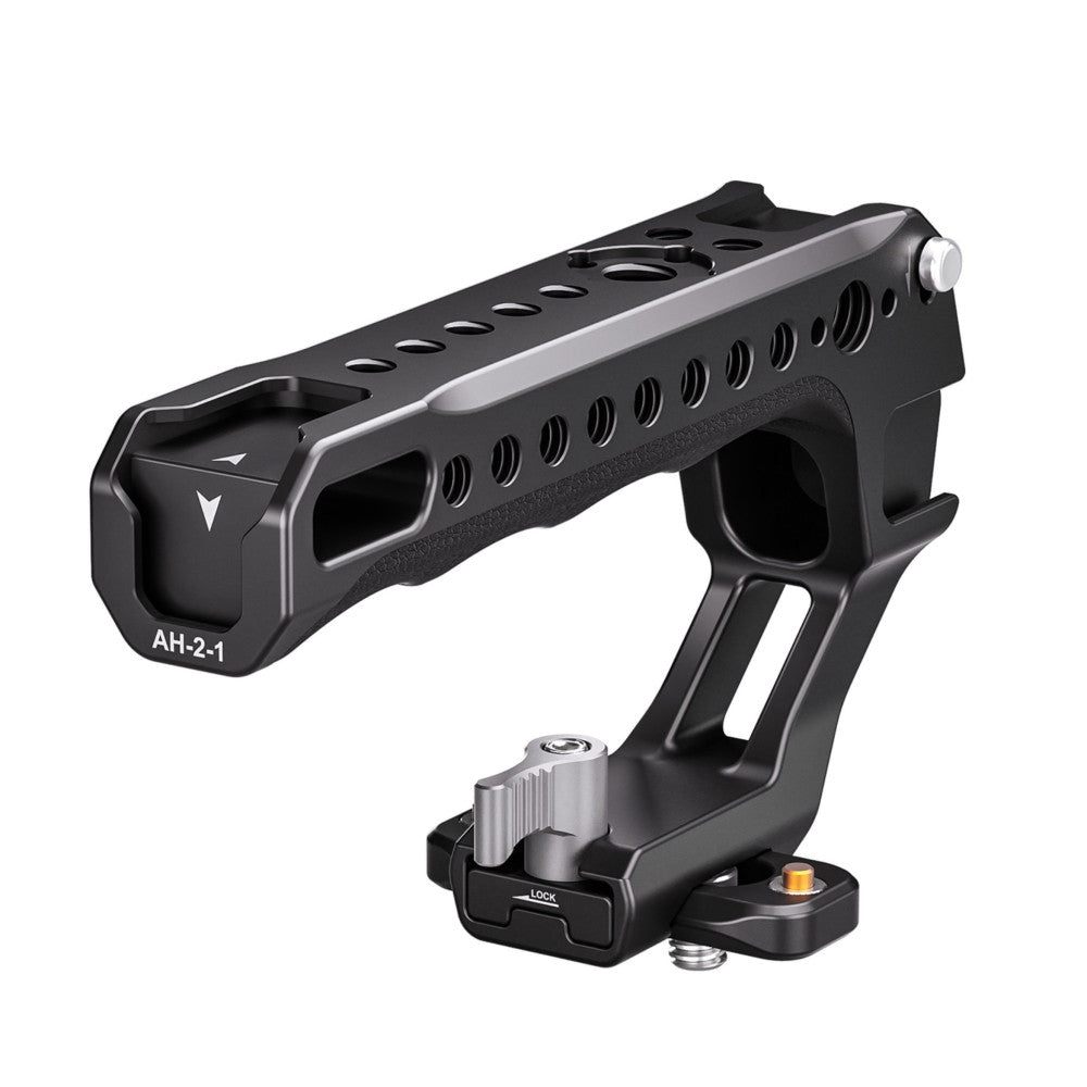 Black and gray camera top handle with rail mount shown at three-quarter angle against white background, displaying mounting bracket and adjustment knob.