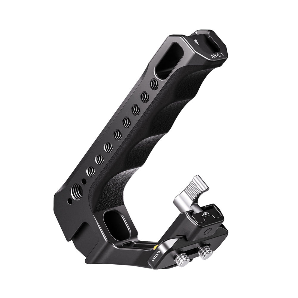 Black aluminum top handle with ergonomic grip and ventilation holes, shown at angle with detachable rail mount base below.