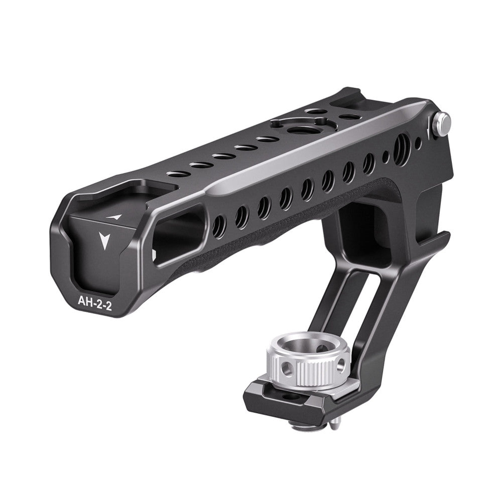 Black aluminum top handle with ventilation holes and ARRI-style mount connector, shown at three-quarter angle against white background.
