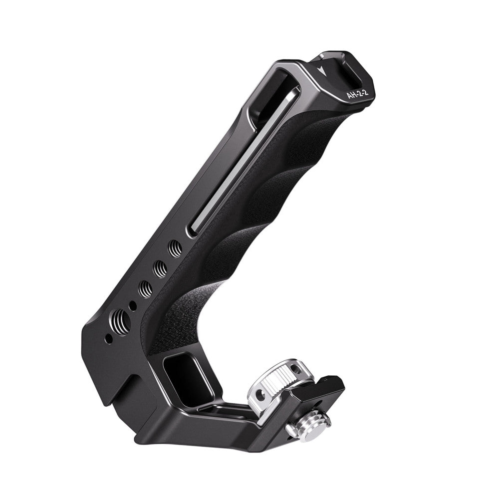 Black camera top handle with ergonomic grip, shown at an angle displaying the ARRI-style mount and ventilation holes along the side.