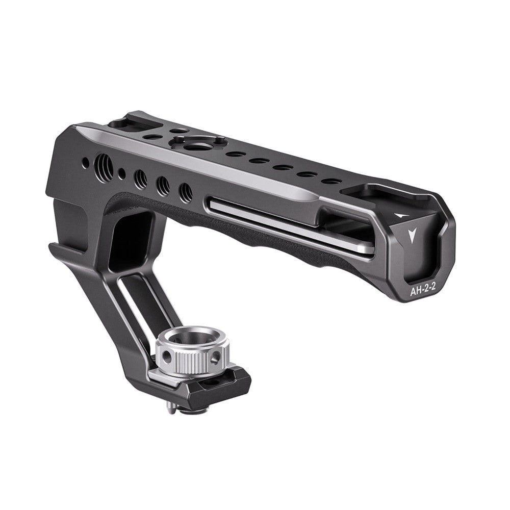 Black and gray top handle with ARRI-style mount shown from side angle against white background, displaying attachment knob and ventilation holes.