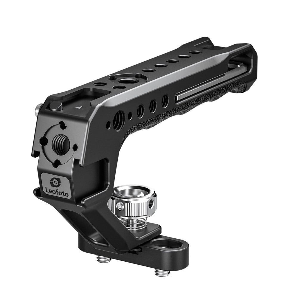 Black aluminum top handle with cold shoe mount shown from an angled side view against white background