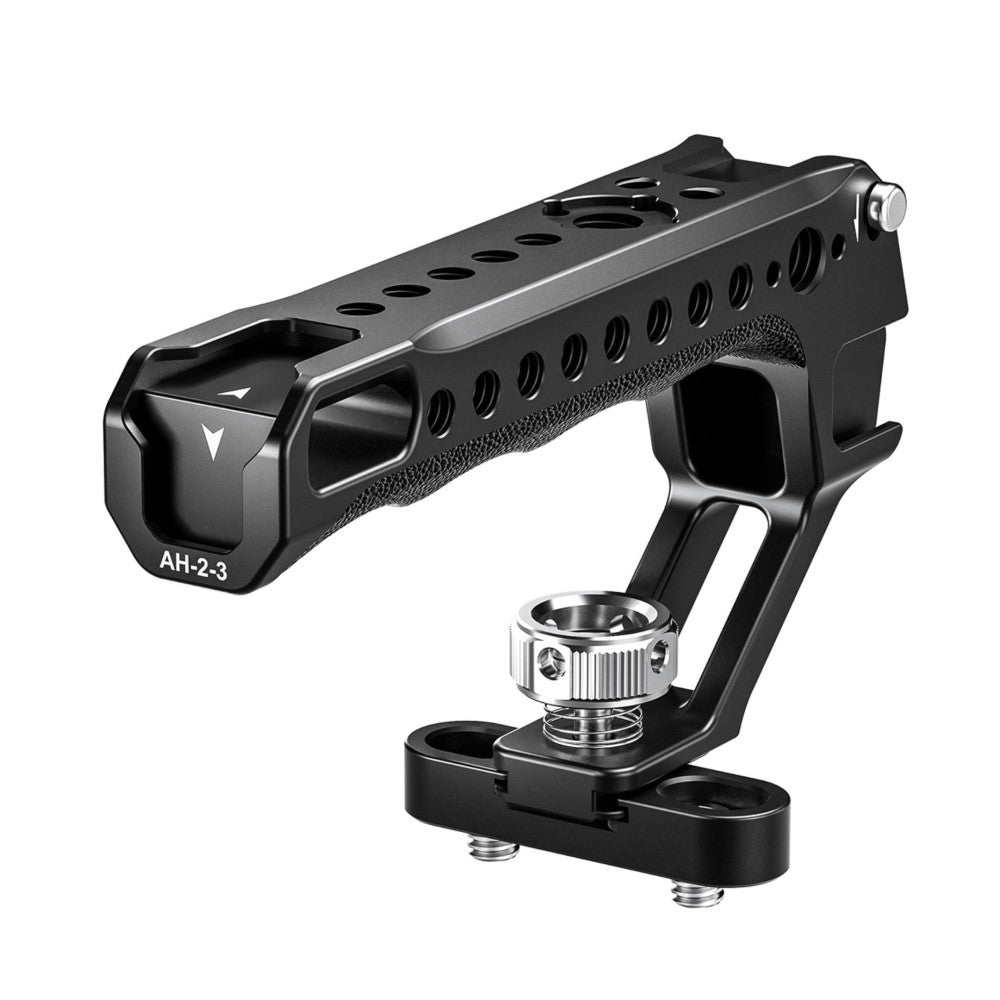 Black aluminum top handle with cold shoe mount, shown from a three-quarter angle against a white background.