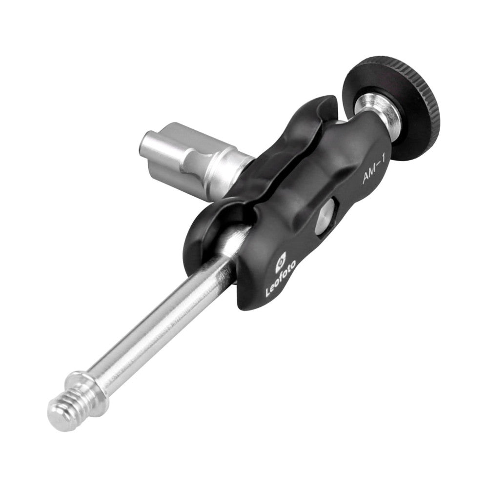 Black and silver articulating magic arm with ball joints and adjustable head, shown at an angle against white background.