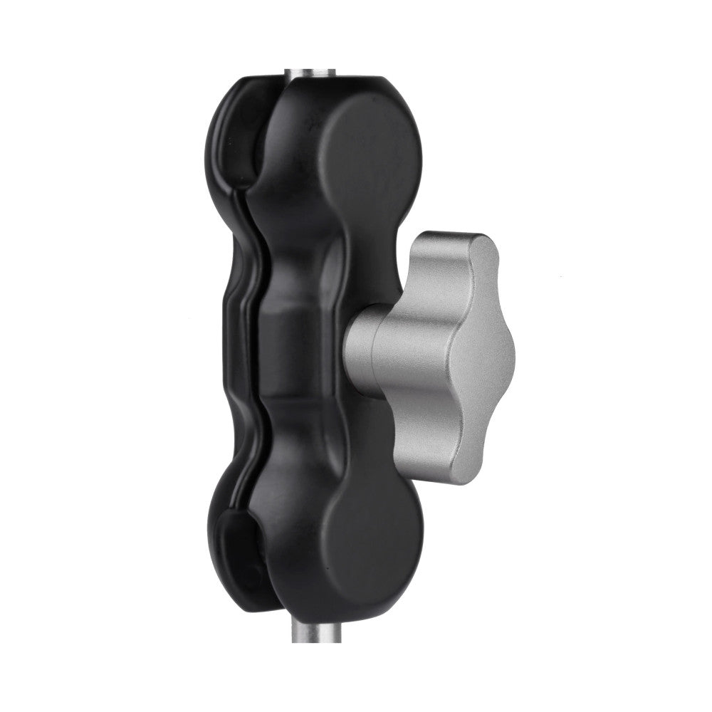 Black articulating magic arm with silver metal ball joint shown at angle, displaying flexible segment and mounting thread.