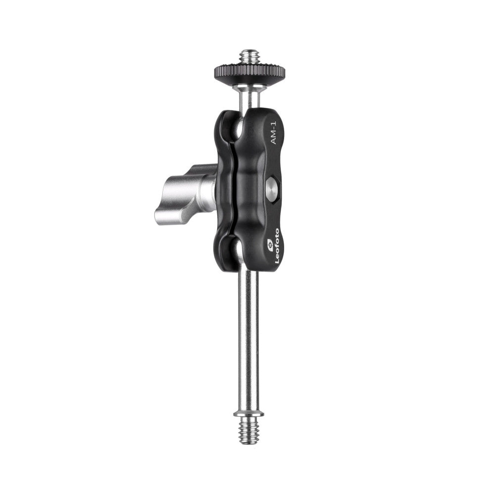 Black and silver articulating magic arm with ball head mount, shown from front side view against white background.