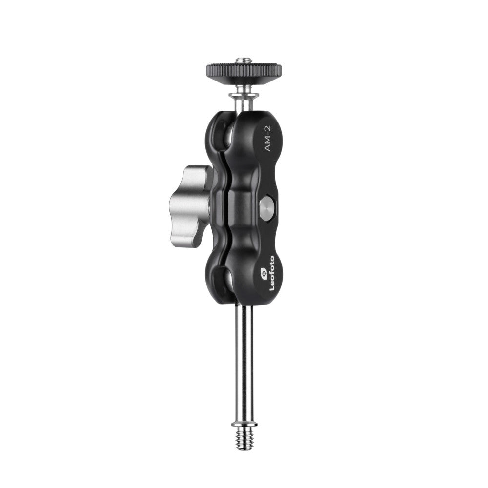 Black and silver articulating magic arm with ball joint, shown in vertical profile against white background.