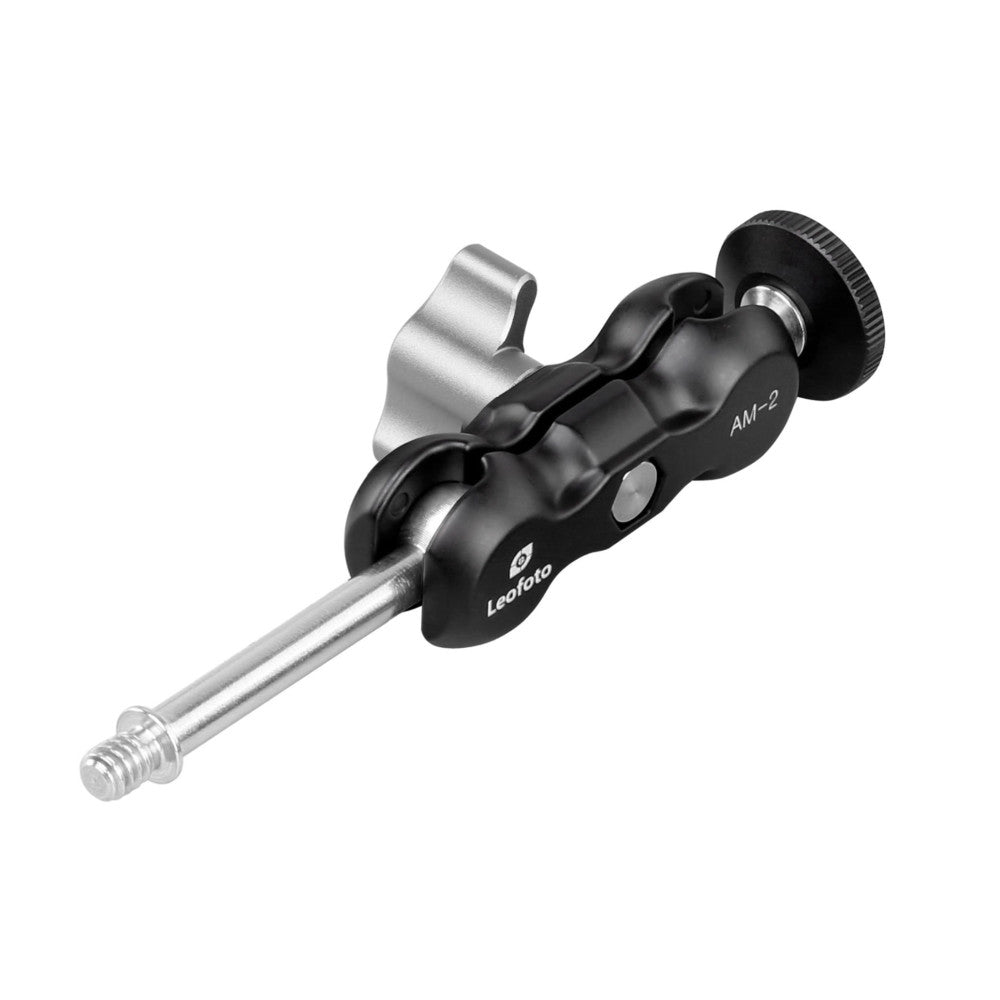 Leofoto AM-2 magic arm shown at an angle displaying the black articulating body, silver ball head, adjustable knob, and threaded mounting rod.
