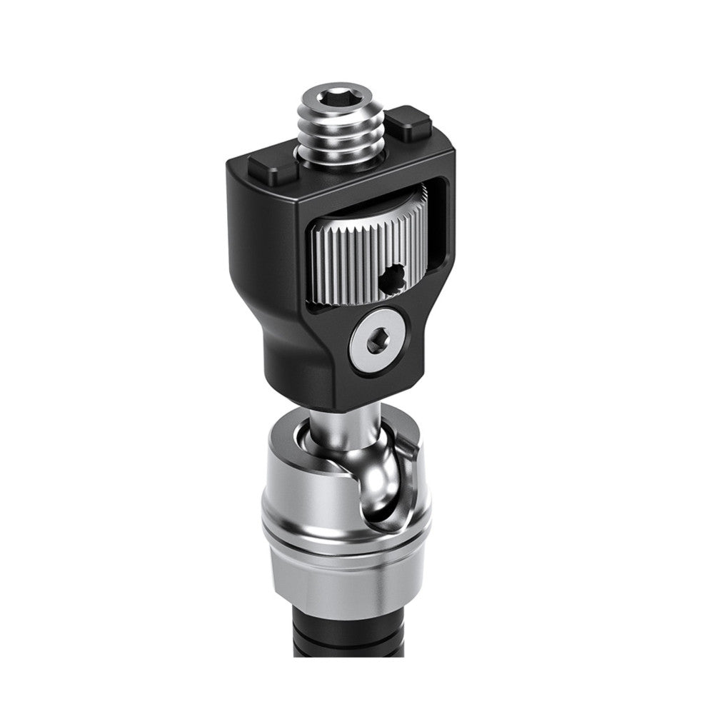 Exploded isometric view of a ball head magic arm showing the threaded top mount, articulating arm segment, and universal ball joint connector.