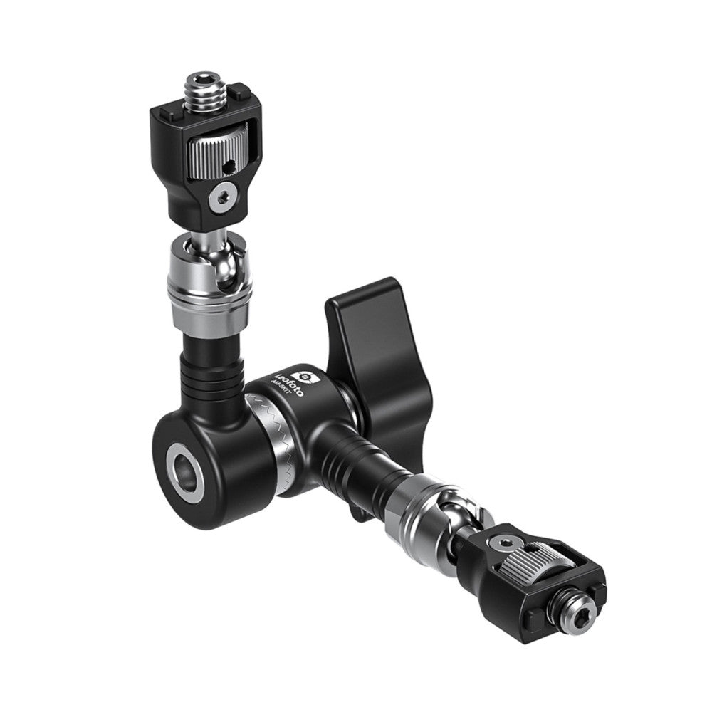 Exploded view of black articulating magic arm with ball joints, shoe mounts, and connecting segments displayed against white background.