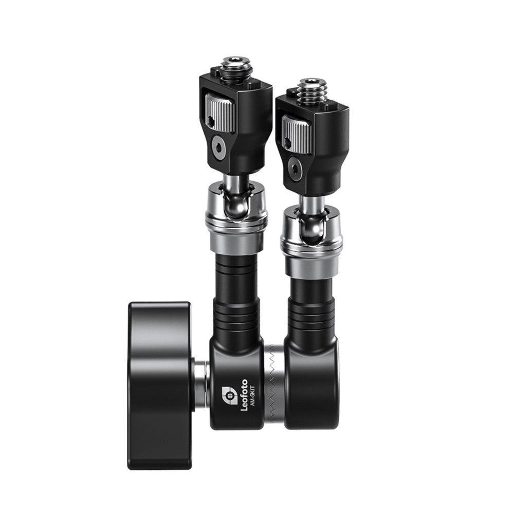 Leofoto AM-5 Magic Arm Kit displayed against white background, showing black articulated arm with ball joints, dual mounting heads, and adjustable positioning capability.
