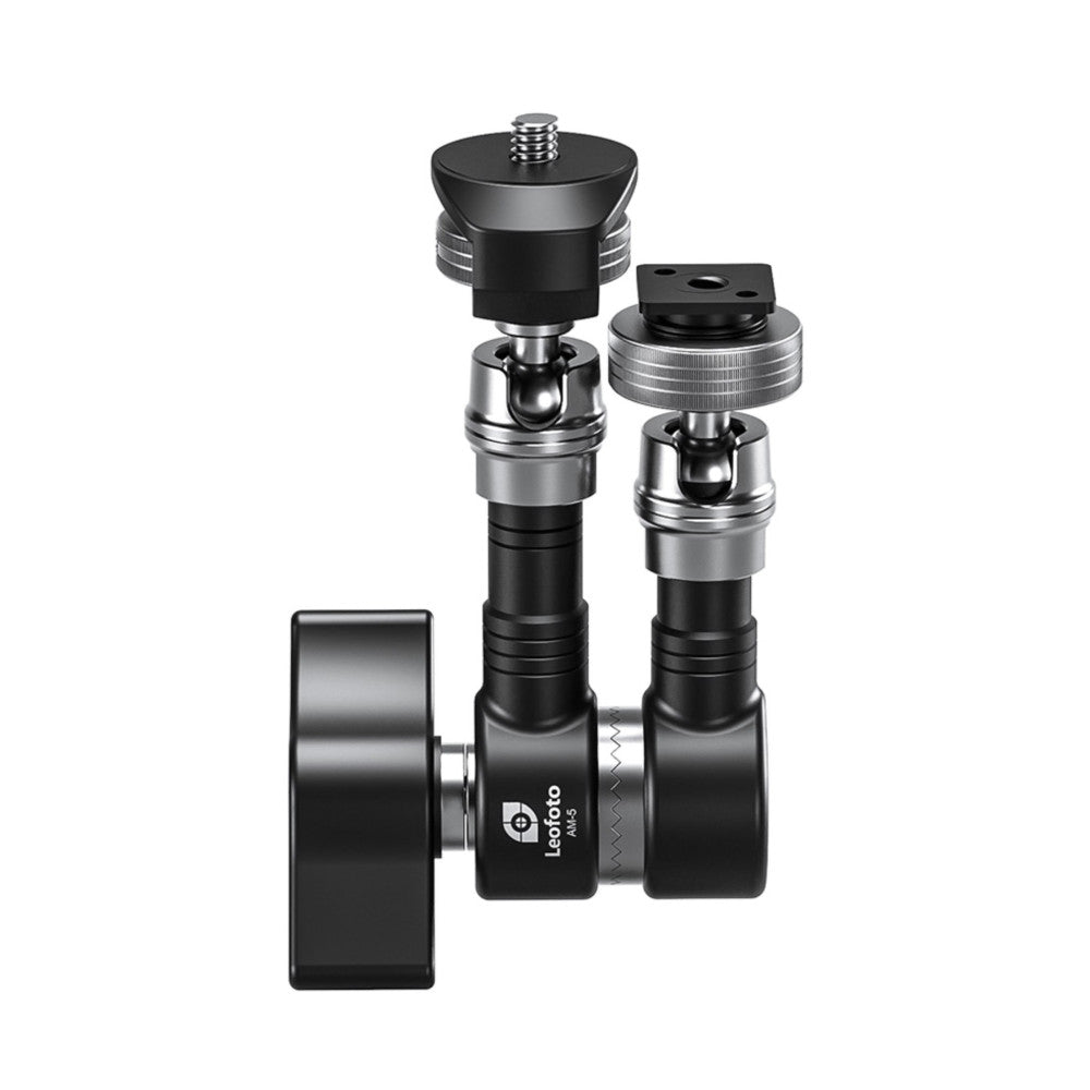 Leofoto AM-6 Magic Arm disassembled view showing ball head, articulating joints, mounting plate, and cold shoe attachment components arranged vertically.