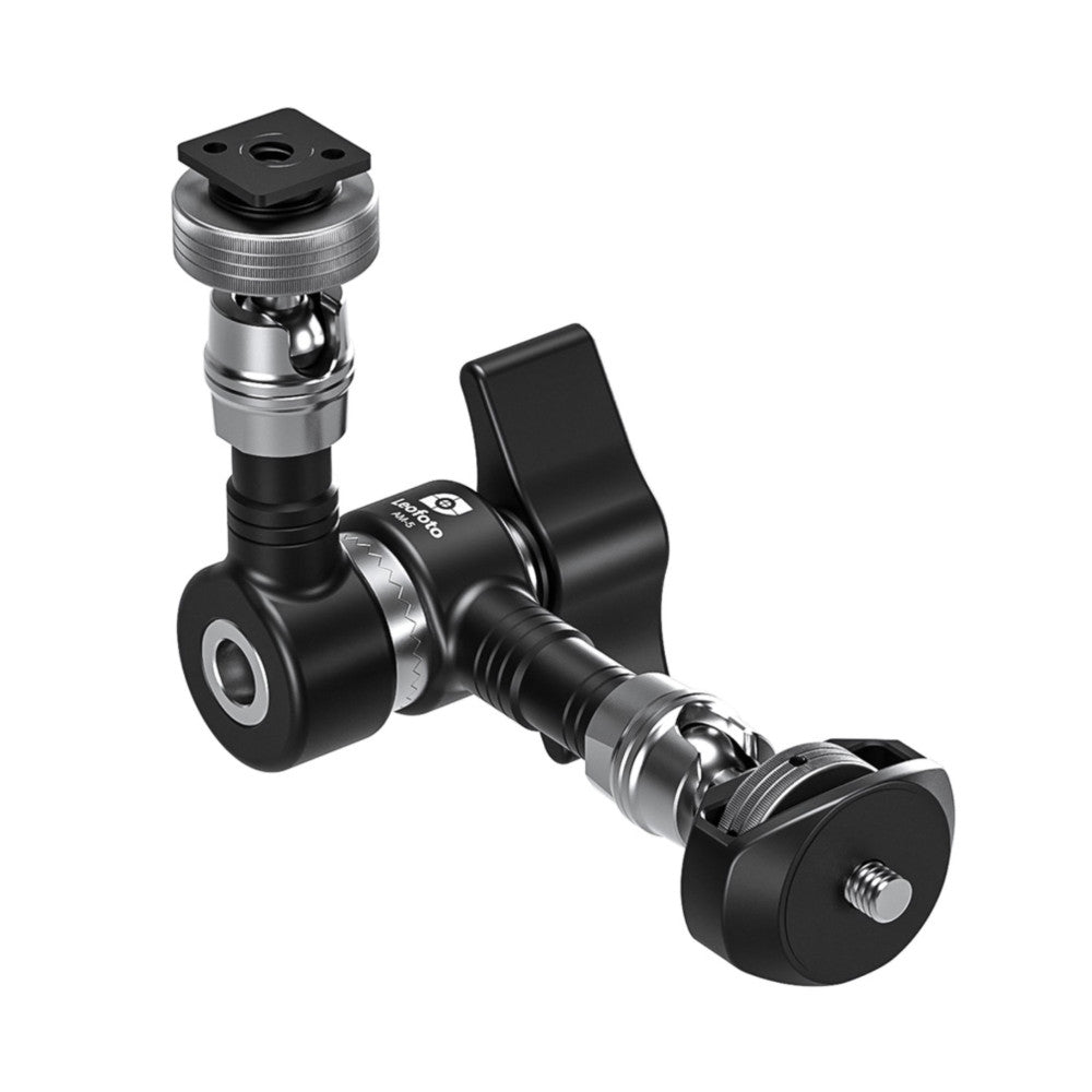 Leofoto AM-6 Magic Arm disassembled view showing ball head, articulating arm segments, and mounting bases with cold shoe and threaded connections.