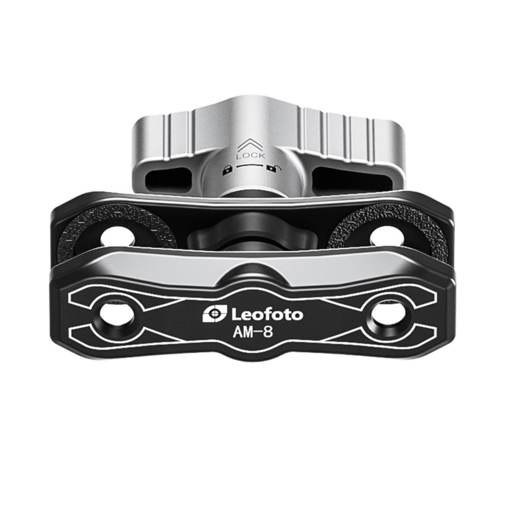 Top-down view of the Leofoto AM-8 modular camera mounting plate showing its black aluminum body with mounting holes and silver ball head attachment above it.