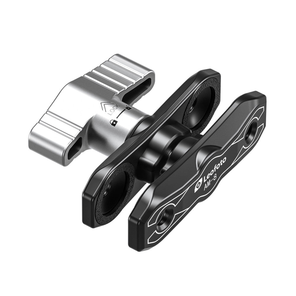 Isometric view of three modular camera mounting components: a silver metal bracket with horizontal slots, and two black adapters with textured grip surfaces and branding visible.