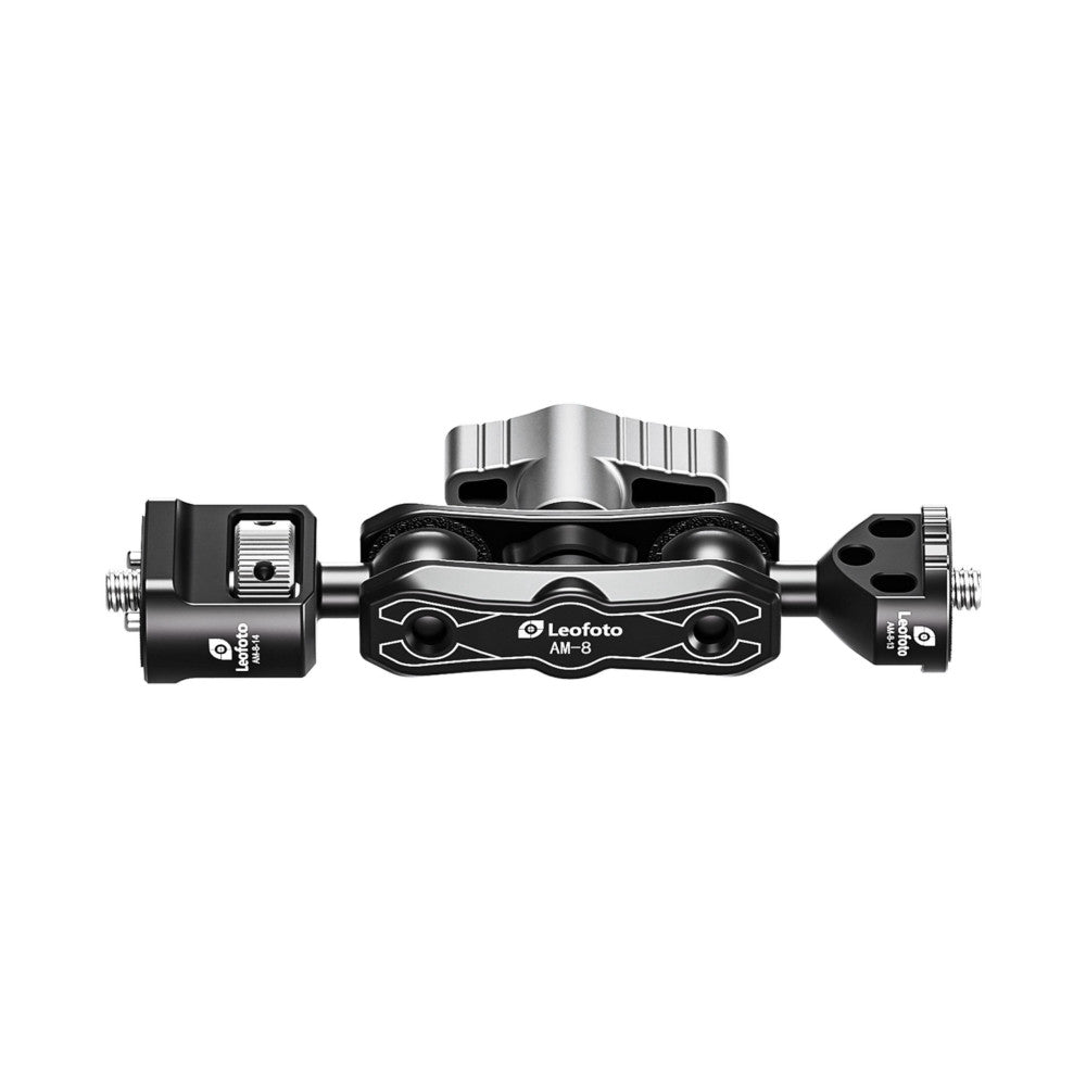 Top-down view of black Leofoto AM-8 modular ball head with silver top plate and two black side adapters against white background.