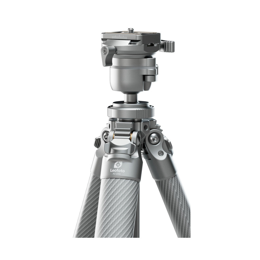 Leofoto tripod with ball head mounted on top, shown from front angle against white background, displaying carbon fiber legs and silver metal components.