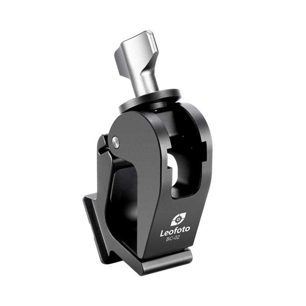 Leofoto BC-02 binocular clamp shown from the side angle, displaying the black clamp body with silver mounting head and Arca Swiss foot on white background.